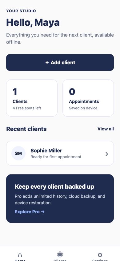 BeLuMae mobile dashboard showing one recent client