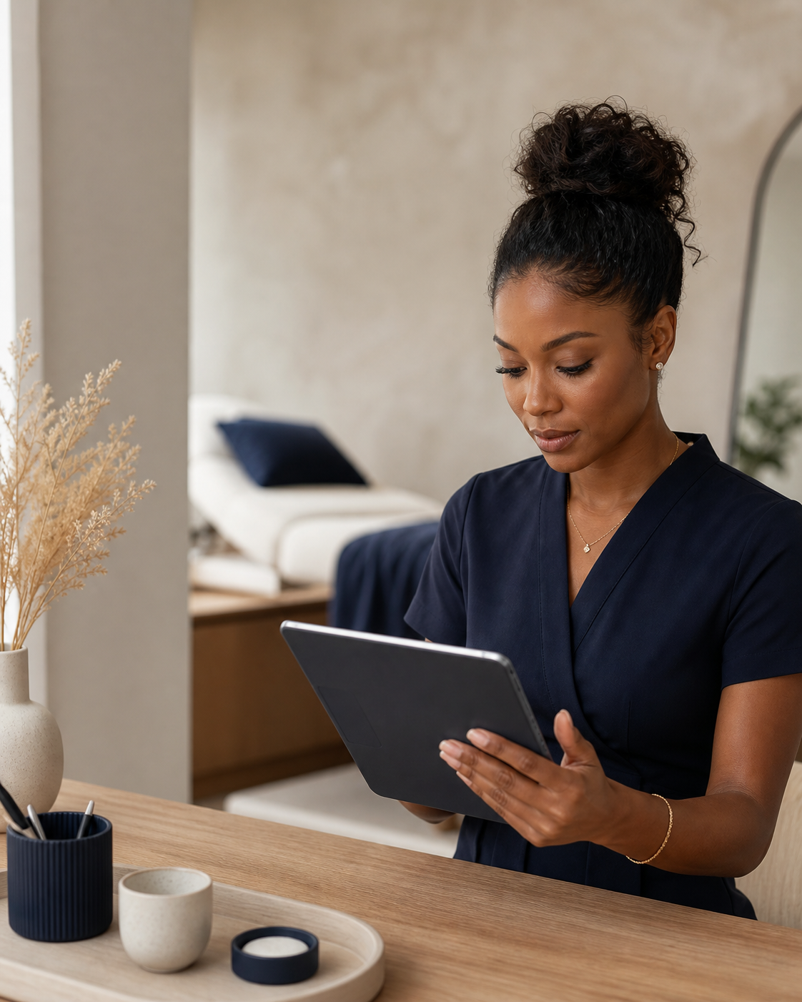 A lash artist reviewing a styling plan on a tablet
